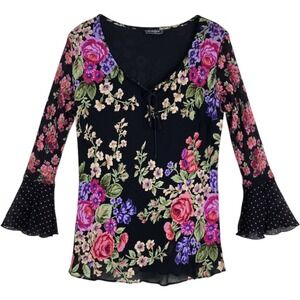 Nostalgia Romantic Floral & Polka Dot Bell Sleeve Blouse Boho Tie Front